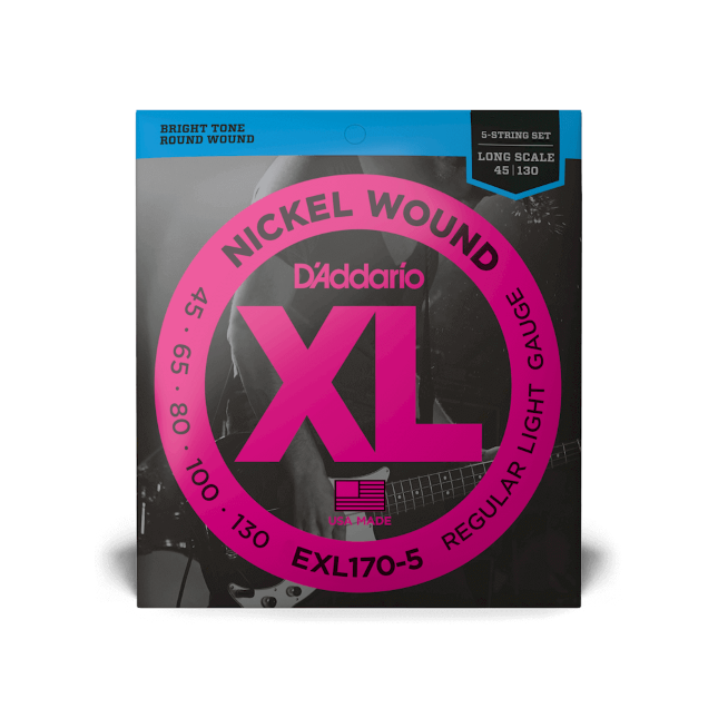 D'Addario 5-String Nickel Wound Bass Guitar Strings, Light, 45-130, Long Scale